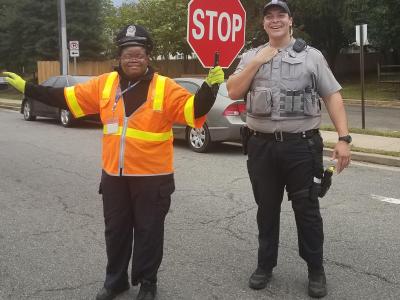 Parents, students, teachers, and administrators joined our Crossing Guard and Fairfax County Police to help our children walk and bike safely to school!